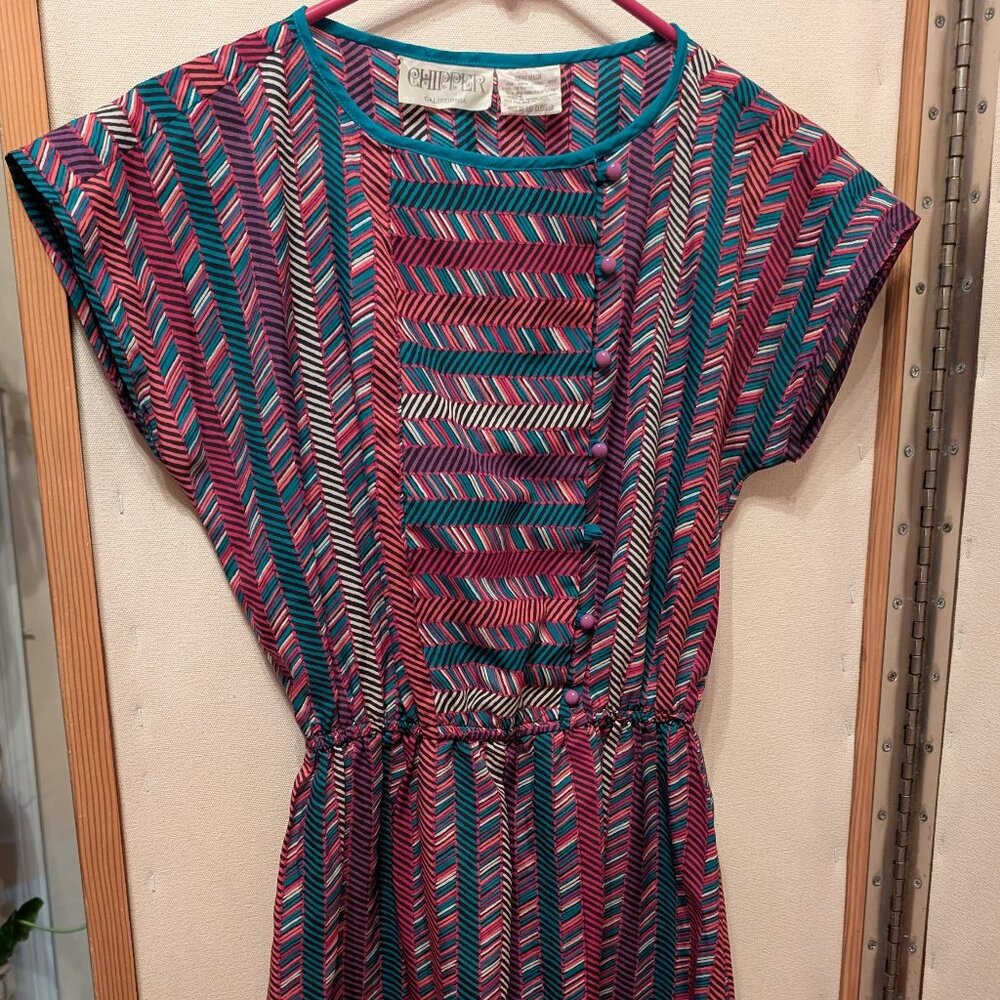 Vintage Chipper 90s Geometric Herringbone Asymmetrical Pattern Dress